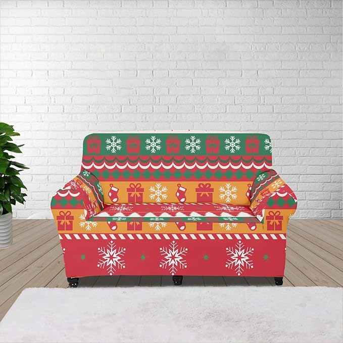 FKELYI Red Christmas Sofa Furniture Protector Easy Going Stretch Sofa Slipcover Comfortable Sofa Couch Cover with Elastic Bottom M
