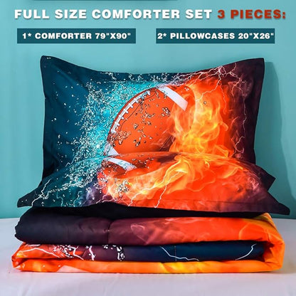 Ondency Football Comforter Set Full (79x90 Inch), 3 Pieces(1 Football Comforter, 2 Pillowcases) 3D Sport Microfiber Football Comforter Set Bedding Set for Boys Kids