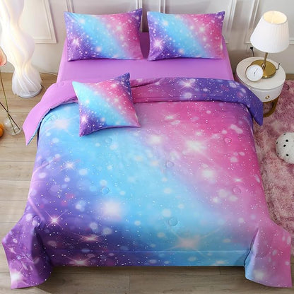 JQinHome Glitter Bedding Set Twin Size,6 Piece Bed in A Bag 3D Colorful Rainbow Galaxy Comforter Set for Girls Kids-All Season Microfiber Tie-Dye Bedding Sets(Blue Purple)
