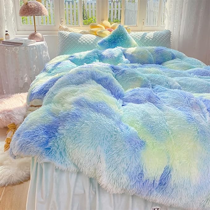 Faux Fur Kids Girls Green Rainbow Comforter Sets King - 3PC Bed Set Warm Comfortable Soft Plush Flannel Velvet Fluffy Fuzzy Bedding（Comforter x 1 Pillowcases x 2）