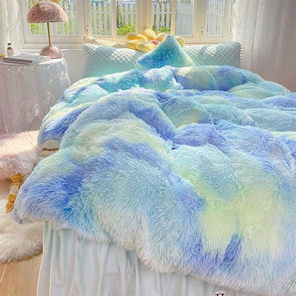 Faux Fur Kids Girls Green Rainbow Comforter Sets Twin/Full - 3PC Bed Set Warm Comfortable Soft Plush Flannel Velvet Fluffy Fuzzy Bedding（Comforter x 1 Pillowcases x 2）