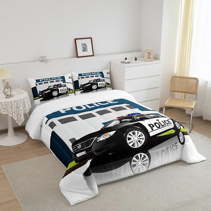Erosebridal Police Car Comforter Sets King Size, Policeman Boys Bedding Set for Kids Boys Children Teens Bedroom Decor, Polica Vehicle Quilt Cartoon Automobile Duvet Insert with 2 Pillow Cases