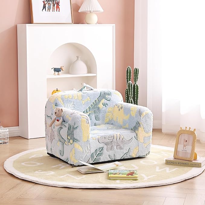 Tiita Kids Sofa, Children Couch with Carrying Handle & Side Pockets, Kids Foam Chair, Toddler Armrest Chair, Lightweight Children Sofa Chair, Kids Read Sofa for Girl or Boy (Grey Dinosaur)