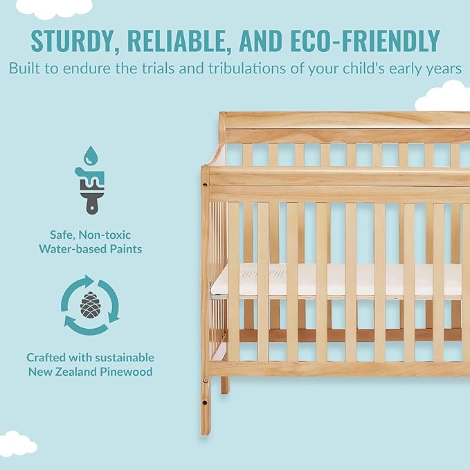 Aden 4-in-1 Convertible Mini Crib In Natural, Greenguard Gold Certified, Non-Toxic Finish, New Zealand Pinewood, With 3 Mattress Height Settings