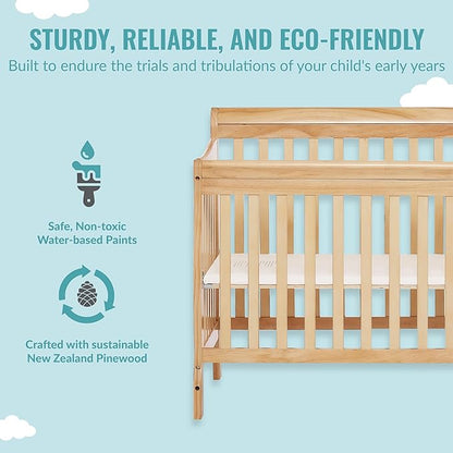 Aden 4-in-1 Convertible Mini Crib In Natural, Greenguard Gold Certified, Non-Toxic Finish, New Zealand Pinewood, With 3 Mattress Height Settings