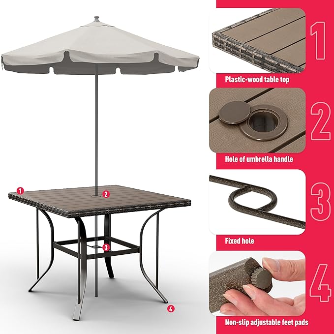 Pamapic 5 Piece Patio Dining Set for 4,Outdoor Wicker Furniture Set for Backyard Garden Deck Poolside with 4 Cushions Swivel Rocker Chairs,Square Plastic-Wood Table Top, Removable Cushions(Beige)
