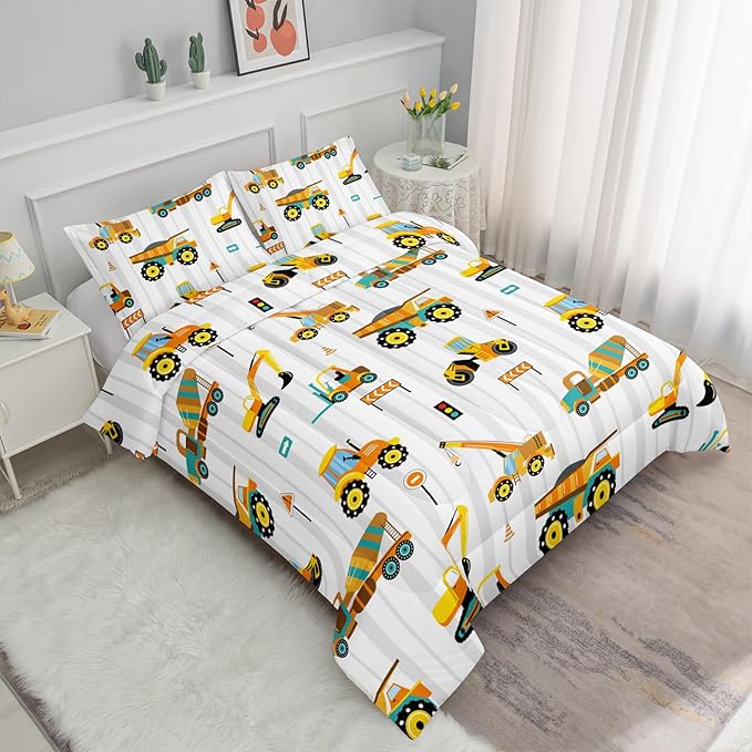 Axolotl Yellow Excavator Comforter Set Queen Size,Cartoon Excavator Bedding Set,Kids Machinery Truck Comforte Set,White Stripe Bedding Vehicle Car Decor for Kids Boys Teens,1 Quilt 2 Pillowcases