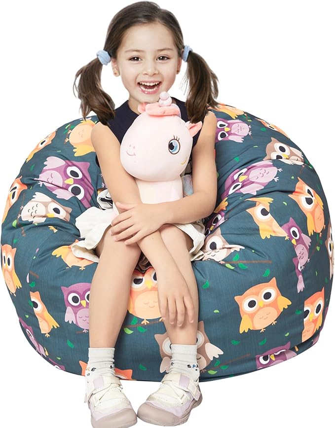 Stuffed Animal Storage Bean Bag Chair Cover, Hold Kids Plush Toys Blankets Towels Beanbag (Cover Only), Canvas Floor Circle Stuff Sit Seat Sofa with YKK Zipper, Large 32", Owl