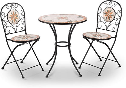 Alpine Corporation Indoor/Outdoor 3-Piece Mosaic Bistro Set Folding Table and Chairs Patio Seating, Tan