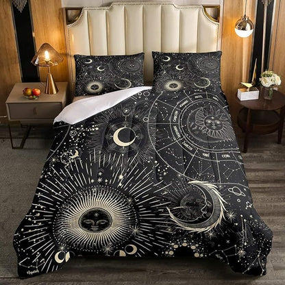 Erosebridal Bohemian Sun Moon Comforter Set, Constellation Down Comforter King Size, Starry Sky Quilted Duvet, Exotic Style Black Room Decor Duvet Insert,Super Soft Breathable Bedding Set