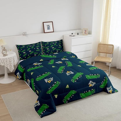 Garbage Truck Toy Print Warm Comforter Setfor Kids Boys, Green Garbage Truck Bedding Set Cartoon Equipment Comforter Navy Blue Decor All Season Quilt Set Room 3Pcs Full Size