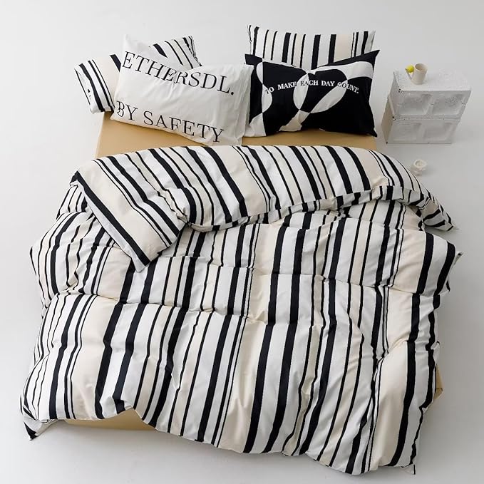 Striped Comforter Set Full Black and White Comforter Men Women Modern Chic Stripes Bed Comforters Beige Black Striped Full Ticking Bedding Comforter Set All Season Hotel Quality Bed Set