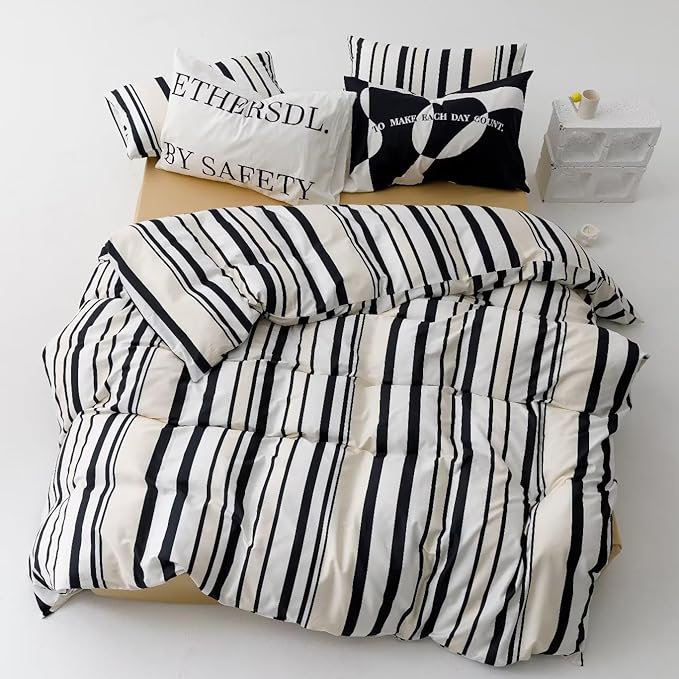 Striped Comforter Queen Black White Comforter 3 Pieces Soft Stripes Comforter Set 1 Striped Queen Comforter (90x90 inches) with 2 Pillowcases (20x26 inches)