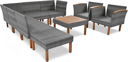 Merax Outdoor Patio Furniture Sets, Free Combination Wicker Sofa, 9-Piece, Rattan w/Wood Tabletop & Legs, Beige