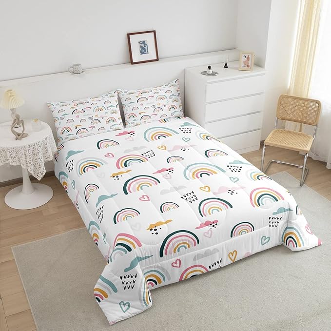 Erosebridal Rainbow Bedding Set for Kids Girls, Pink Love Heart Comforter Set Twin Size Cartoon Cloud Geometric Stripes Bedding Comforter for Boys Children Women Watercolor Art Girly Duvet Sets