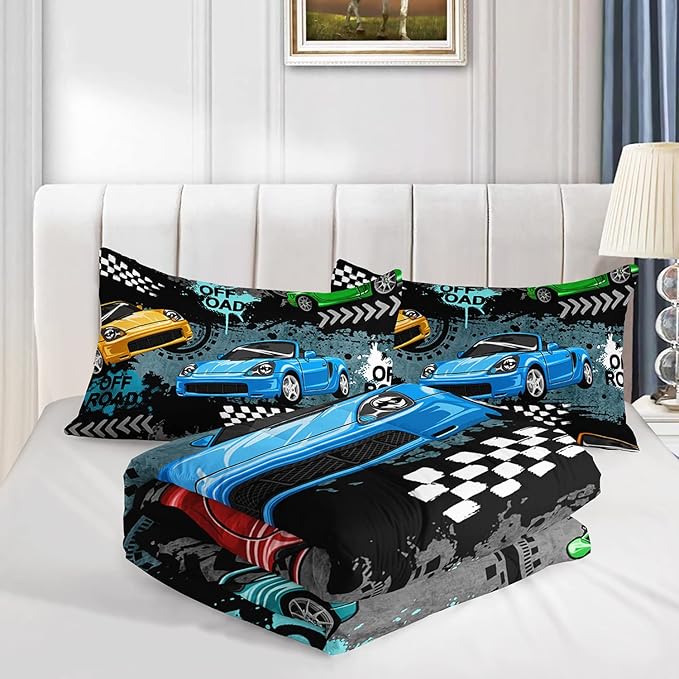 Axolotl Car Comforter Set Twin Size,Cool Speed Race Car Comforter for Kids Boys Girls Teens Bedroom,Extreme Sport Quilt Duvet 1 Comforter 2 Pillowcase Car Racing Gifts,Blue Red Orange