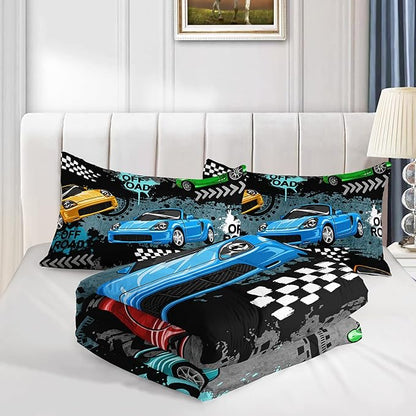 Axolotl Car Comforter Set Twin Size,Cool Speed Race Car Comforter for Kids Boys Girls Teens Bedroom,Extreme Sport Quilt Duvet 1 Comforter 2 Pillowcase Car Racing Gifts,Blue Red Orange