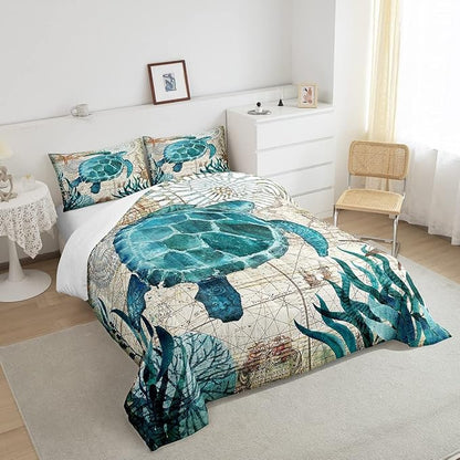 Turtle Bedding Teal Turtle Comforter Set Turquoise Ocean Themed Mediterranean Style Printed Design Ocean Turtle Down Comforter Quilted Duvet Set King Size 1 Comforter 2 Pillowcases (King, Turtle)