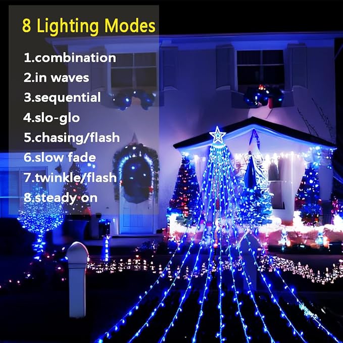 Aokudoni Christmas Lights Outdoor, 12.6FT 350 LED Blue Waterfall Lights Christmas Decorations, 8 Modes Christmas Lights for Tree, Outside Christmas Decorations for Yard Garden Patio Wall Porch