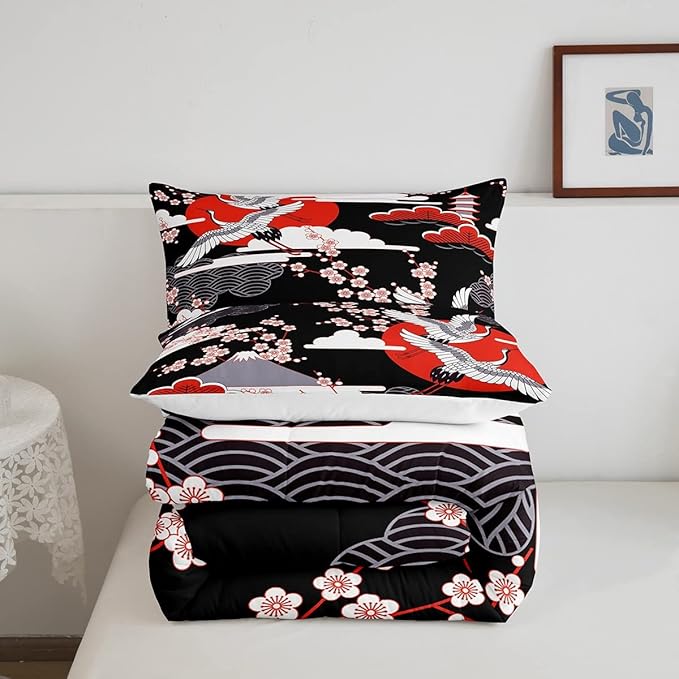Japanese-Style Comforter Set Twin Size Crane Printed Cherry Blossoms Decor Down Comforter, for Adult Women Girls Teens Japanese Traditional Pattern Quilted Duvet Ukiyoe Theme Bedding Comforters
