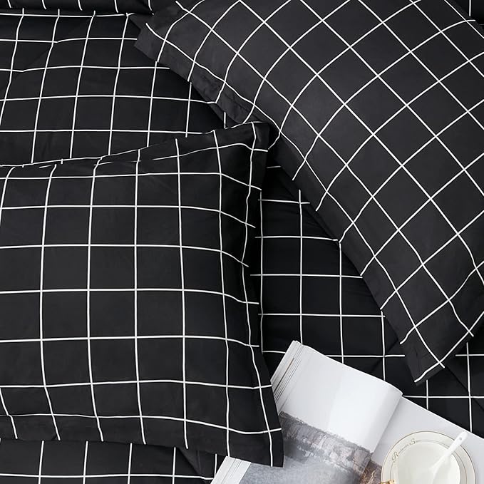 Andency Black Grid Comforter Set King Size (104x90 Inch), 3 Pieces(1 Grid Comforter and 2 Pillowcases), Summer Lightweight Microfiber Down Alternative Black Comforter with White Lines