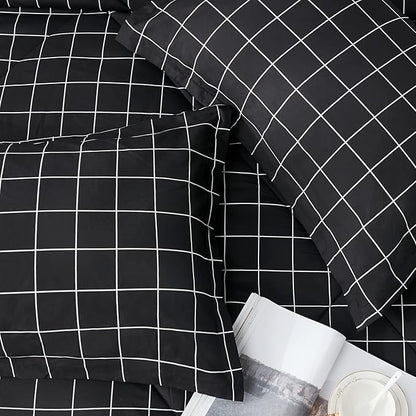 Andency Black Grid Comforter Set King Size (104x90 Inch), 3 Pieces(1 Grid Comforter and 2 Pillowcases), Summer Lightweight Microfiber Down Alternative Black Comforter with White Lines