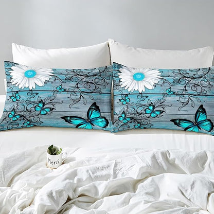 Butterfly Bedding Sets for Girls Teens Women Bedroom Rustic Flower Comforter Set King Size,Blue Butterflies White Chic Floral Duvet Set Retro Vintage Romantic Style Quilt Set Soft Lightweight