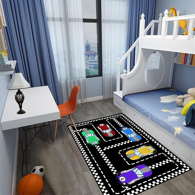 Car Rug Race Car Rug Car Track Rugs for Boys Race Track Carpet Race Car Track Rug Car Rug for Boys Room Car Rug Play Mat Car Carpet for Kids Rugs for Boys Bedroom,Black 4'×5'