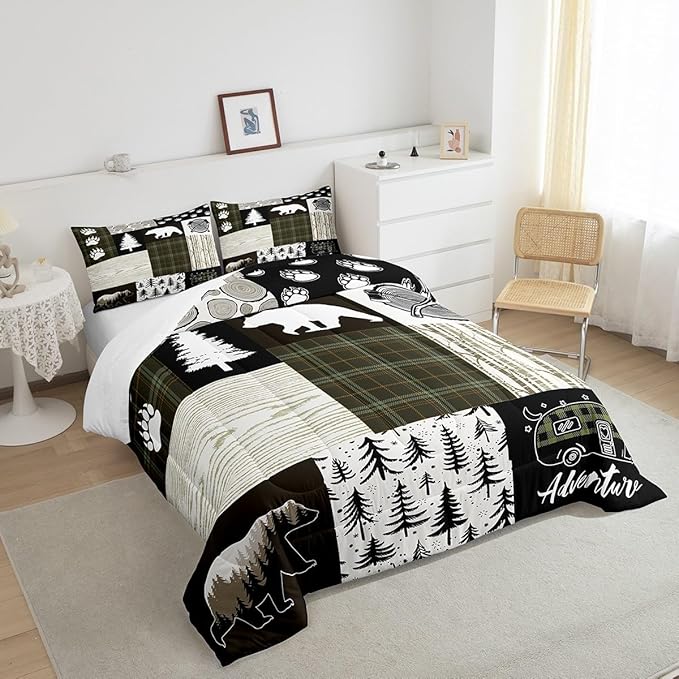 Bear Comforter Set Full Size,Pine Trees Animals Hunting Bedding Set for Kids Boys Girls Adults Room Decor,Camping Adventure Rustic Farmhouse Down Comforter,Green Plaids Duvet Insert,2 Pillowcases