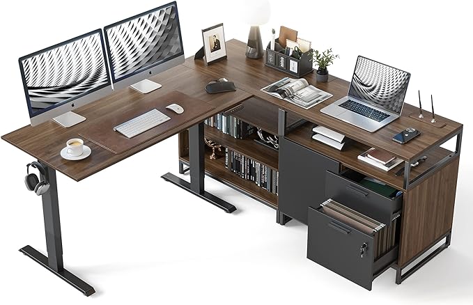 FEZIBO 66 Inch Executive L Shaped Standing Desk with 2-Drawer File Cabinet, Electric Height Adjustable Stand up Desk, Home Office Modern Wood Computer Desk with Shelves, Black Frame/Dark Walnut Top
