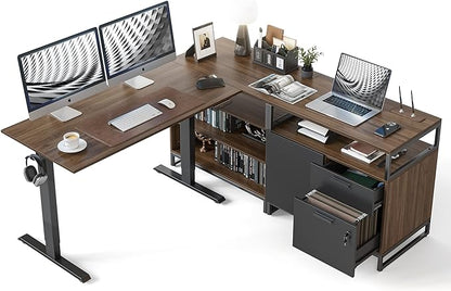 FEZIBO 66 Inch Executive L Shaped Standing Desk with 2-Drawer File Cabinet, Electric Height Adjustable Stand up Desk, Home Office Modern Wood Computer Desk with Shelves, Black Frame/Dark Walnut Top