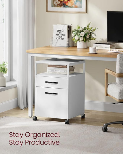 VASAGLE File Cabinet, Mobile Filing Cabinet with Wheels, 2 Drawers, Open Shelf, for A4, Letter Size, Hanging File Folders, Cloud White UOFC071W14