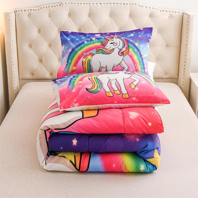 Aimuan Girls Unicorn Comforter Set 3 Pieces Pink Purple Bedding Set with Rainbow Star Galaxy Stars Fantasy Children Room Decor Soft Reversible Bed Sets for Boys/Girls/Teens (Pink-Purple Twin3Pcs)
