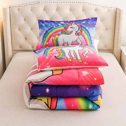 Aimuan Girls Unicorn Comforter Set 3 Pieces Pink Purple Bedding Set with Rainbow Star Galaxy Stars Fantasy Children Room Decor Soft Reversible Bed Sets for Boys/Girls/Teens (Pink-Purple Twin3Pcs)