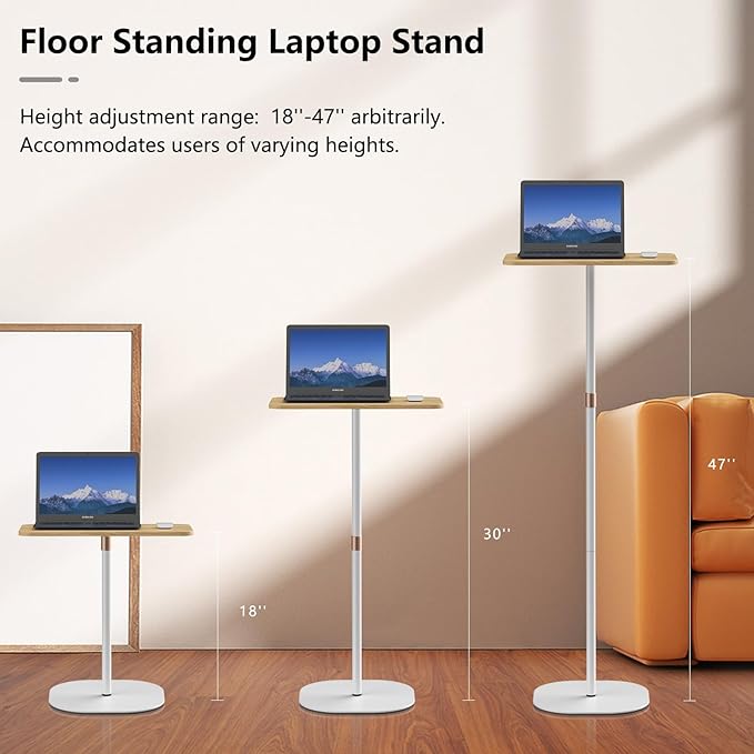 Portable Laptop Floor Stand, Bedside/Sofa Table with Height Adjustable 18''~47'', Stylish Movable Workstation Floor Standing Desk for Office, Meeting Room, living room Easy Assembly, White