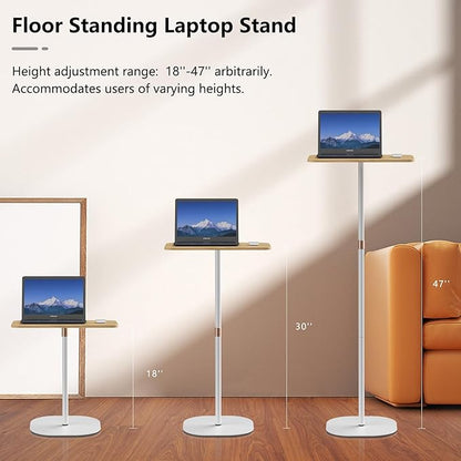 Portable Laptop Floor Stand, Bedside/Sofa Table with Height Adjustable 18''~47'', Stylish Movable Workstation Floor Standing Desk for Office, Meeting Room, living room Easy Assembly, White