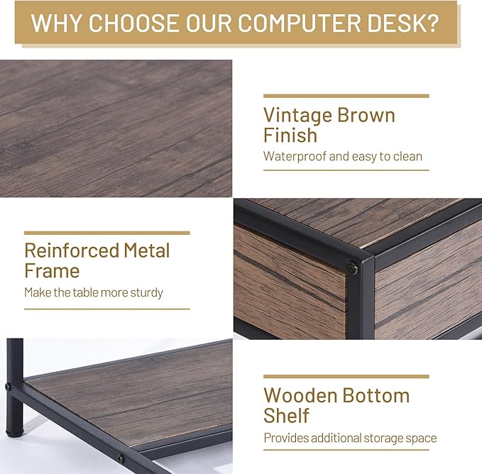 FurnitureR Vintage Wooden Computer Desk with Drawer, 43 Inches Industrial Writing Desk Workstation with Metal Legs and Bottom Shelf for Home Office, Brown