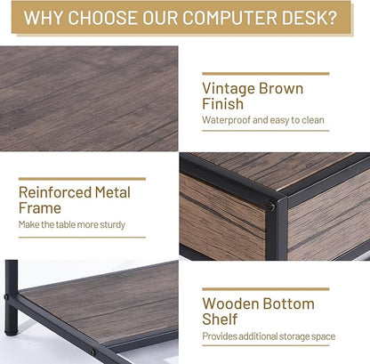FurnitureR Vintage Wooden Computer Desk with Drawer, 43 Inches Industrial Writing Desk Workstation with Metal Legs and Bottom Shelf for Home Office, Brown