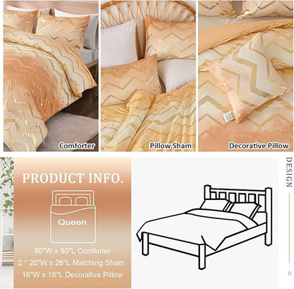 Ombre Beige Comforter Set Queen Size Girls Bedding Soft Microfiber Comforter for Kids Teen Women,4 Pieces (1 Comforter,2 Pillowcase,1 Decorative Pillow Sham)