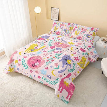 Floral Cat Comforter Twin Size,Pink Cat Comforter Set for Kids Teens Girls,3Pcs Bedding Set Printed Comforter with 2 Pillowcases,Down Alternative,Soft and Lightweight(Pink，Twin Size)