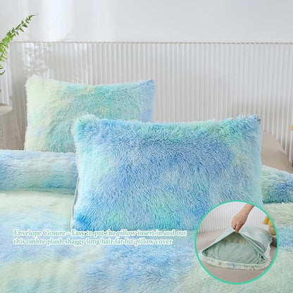 WINLIFE Shaggy Bedding Comforter Set Faux Fur Flannel Furry Comforter Long Hair Fluffy Plush Comforter Sets Ombre Blue Aqua Teal Bedding for Girls Adults (3Pcs, Full, Mint Green)
