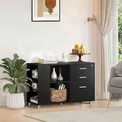 YITAHOME File Cabinet, Mobile Lateral Filing Cabinet with Lock for Home Office, Printer Stand with Open Storage Shelf, Fits A4, Letter, Legal Size Files, Office Furniture, Black
