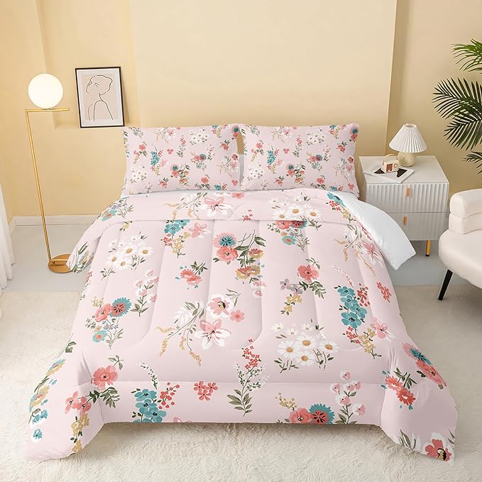 Floral Comforter Full Size,Pink Floral Kids Comforter Set,3Pcs Bedding Set Printed Comforter with 2 Pillowcases,Down Alternative,Soft and Lightweight,for All Seasons
