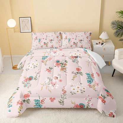 Floral Comforter Full Size,Pink Floral Kids Comforter Set,3Pcs Bedding Set Printed Comforter with 2 Pillowcases,Down Alternative,Soft and Lightweight,for All Seasons
