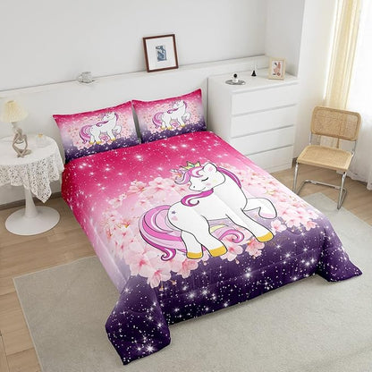 Unicorn Comforter Set Twin Glitter Bedding Set Cherry Blossoms Duvet Insert Kids Cartoon Kawaii Animal Down Comforter Ombre Galaxy Stars Fantasy Girls Room Decor Quilt Set Aesthetic Pink Purple