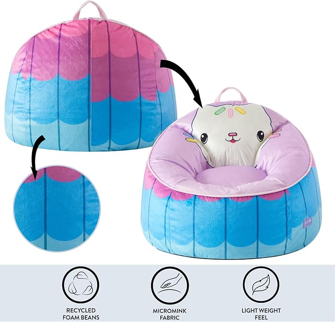 Idea Nuova Gabbys Dollhouse Hillside by pod Plush Kids Bean Bag Chair, 24"x24"x25", Ages 3+
