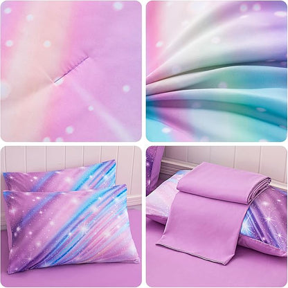 Full Size Bedding Sets Kids Bedding Sets for Girls,Galaxy Bedding 7pieces Glitter Pink Comforter Colorful Comforter Full Size Comforter Sets for Teen Girls(Twill Rainbow)