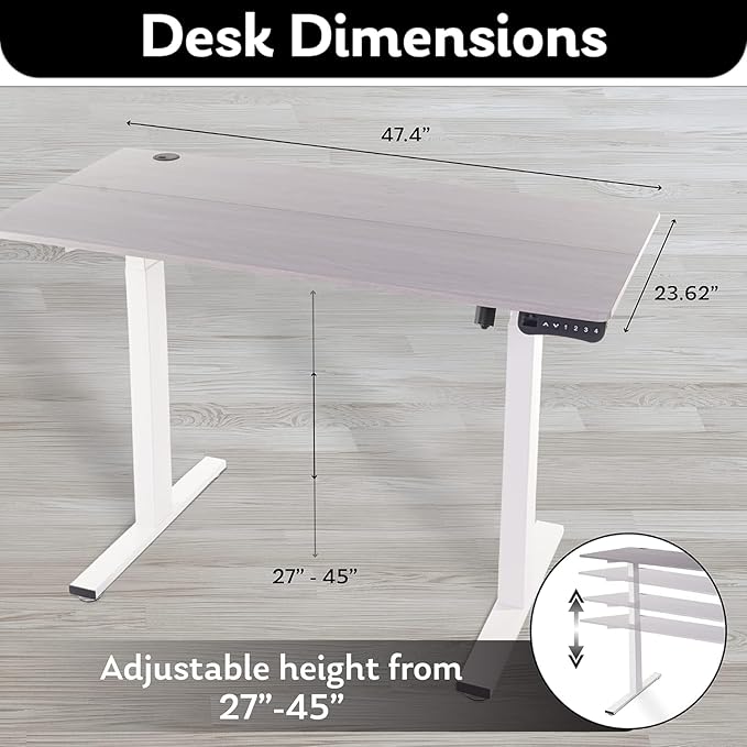 Electric Standing Desk - Adjustable Height Desk with Laptop Stand, Sit Stand Desk, Riser Table (48 inch x 24 inch), Smoothly and Quietly Adjust from 27 to 45 inches, White Frame, Gray Desktop