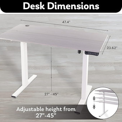 Electric Standing Desk - Adjustable Height Desk with Laptop Stand, Sit Stand Desk, Riser Table (48 inch x 24 inch), Smoothly and Quietly Adjust from 27 to 45 inches, White Frame, Gray Desktop