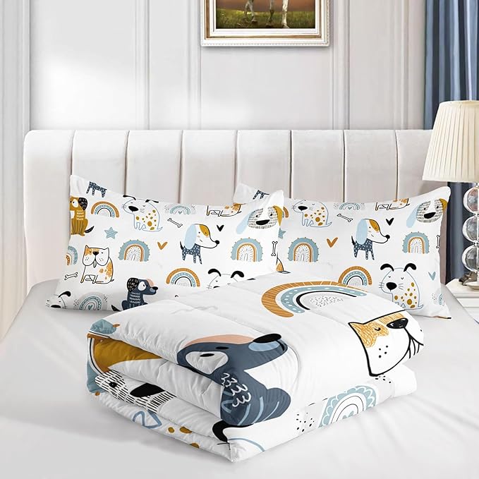 Datura home Kawaii Dogs Comforter Set Cute Dogs and Rainbow Printed Quilt Bedding Set with 1 Comforter and 2 Pillowcases for Boys and Girls Bedroom All Season(Dogs Queen)